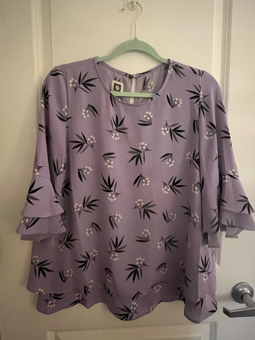 Anne Klein Lavender Floral Print Ruffle-Sleeve Blouse
